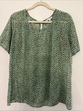 CAbi Olive and Light Blue Dot-Print Short Sleeve Blouse